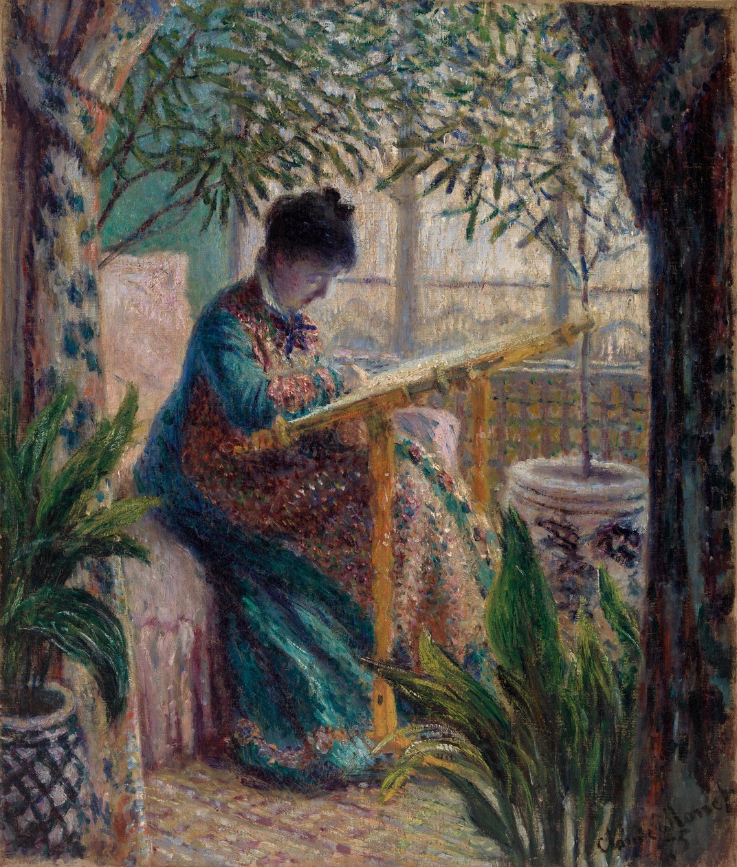 Madame Monet che ricama da Claude Monet