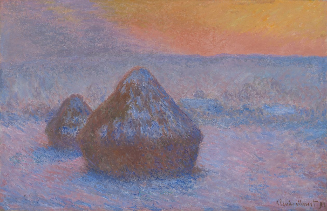 Covoni di grano al tramonto, effetto neve, 1890-91 da Claude Monet
