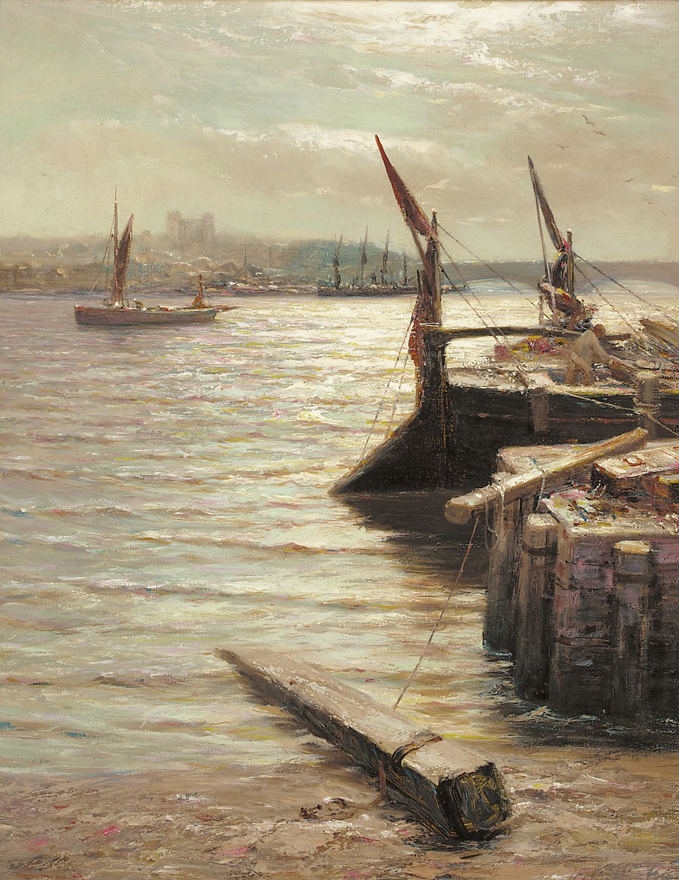 Chiatte ormeggiate sulla riva del fiume da Colin Hunter