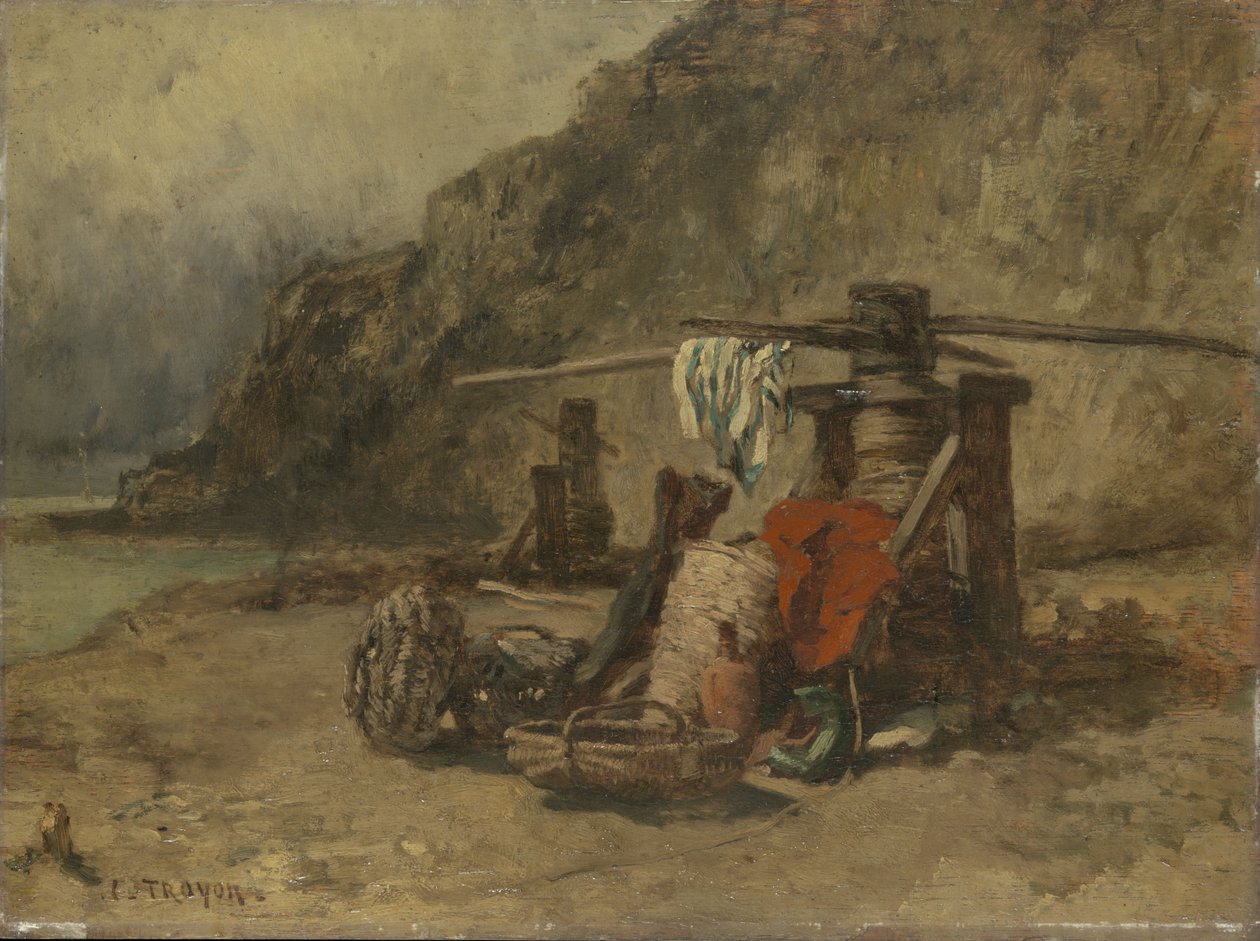 Vista della spiaggia con argani da Constant Emile Troyon