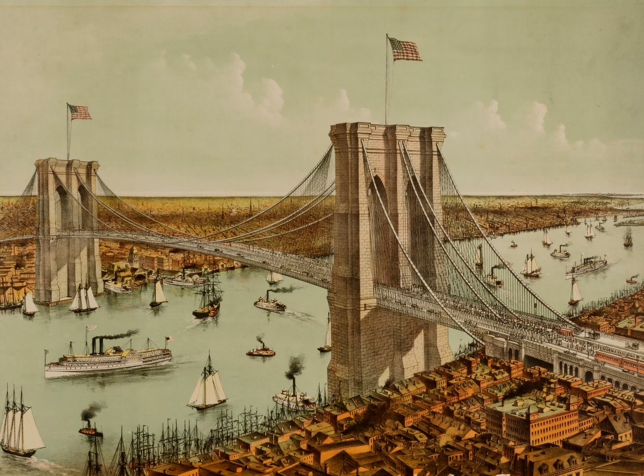 Ponte sospeso sul Grande Fiume Orientale da Currier and Ives