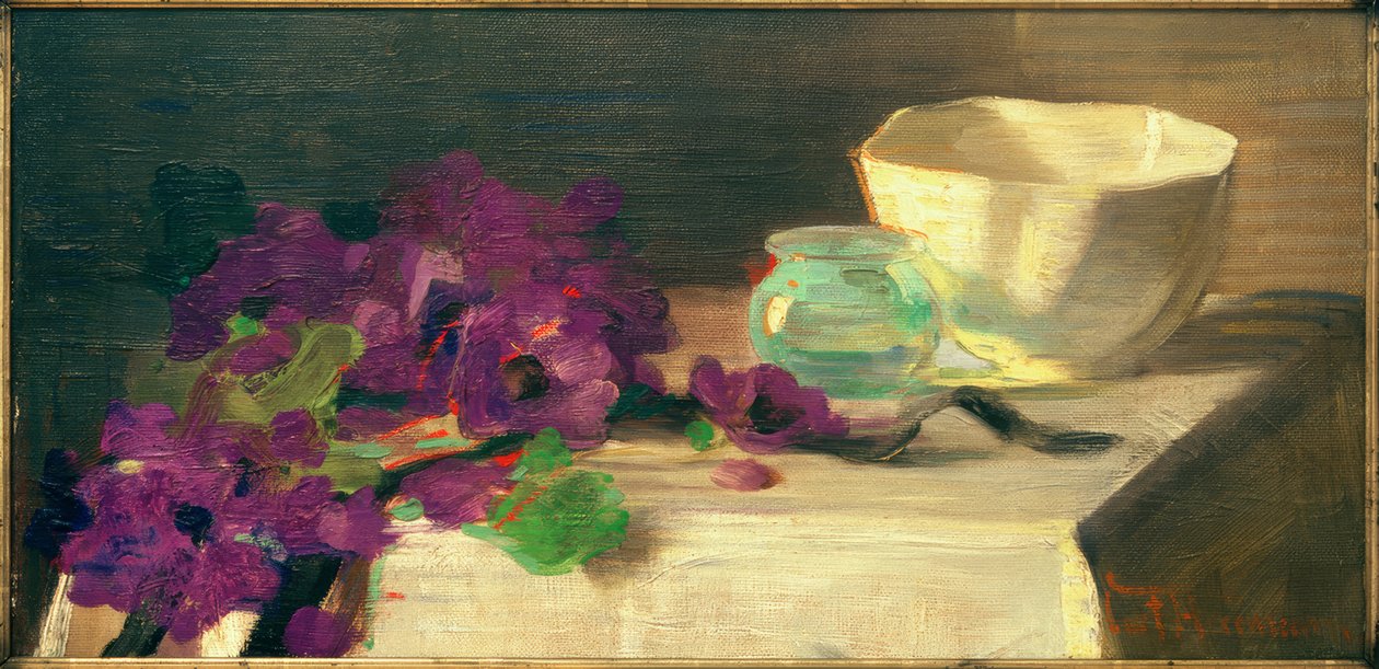 Natura morta con anemoni, vaso di vetro e ciotola di porcellana da Curt Herrmann
