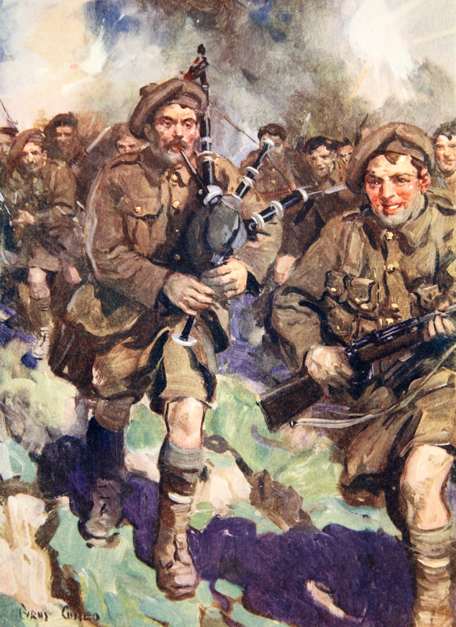 Valoroso pifferaio che guida la carica (litografia a colori) da Cyrus Cuneo