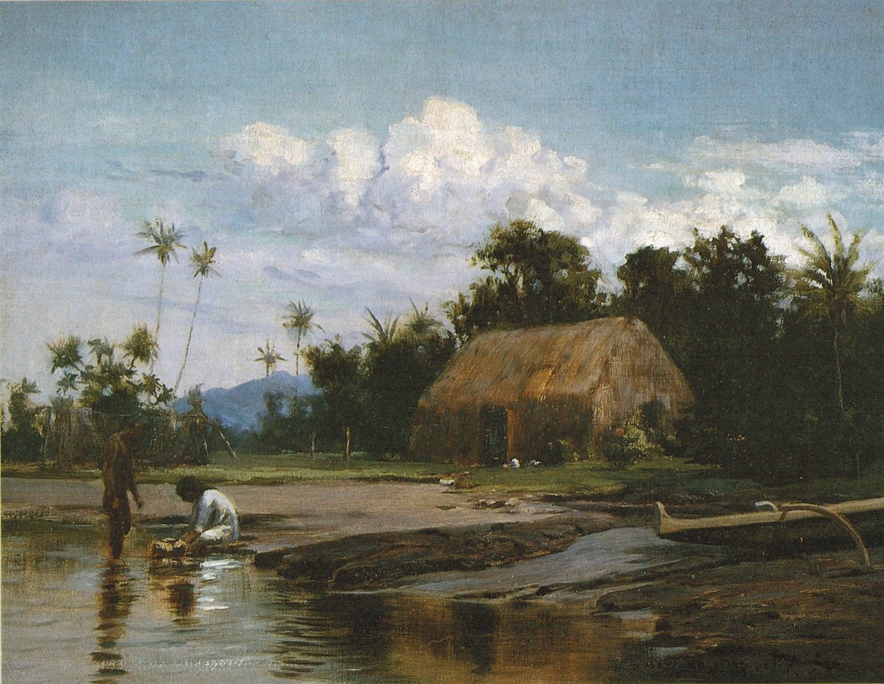 Casa di erba con due figure da D. Howard Hitchcock