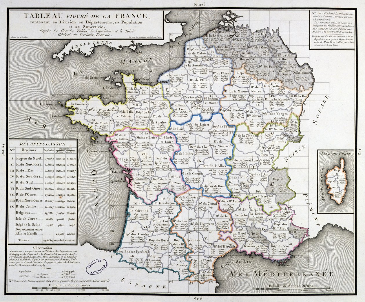 Mappa della Francia che mostra le divisioni dipartimentali, 1798 da DHoudan