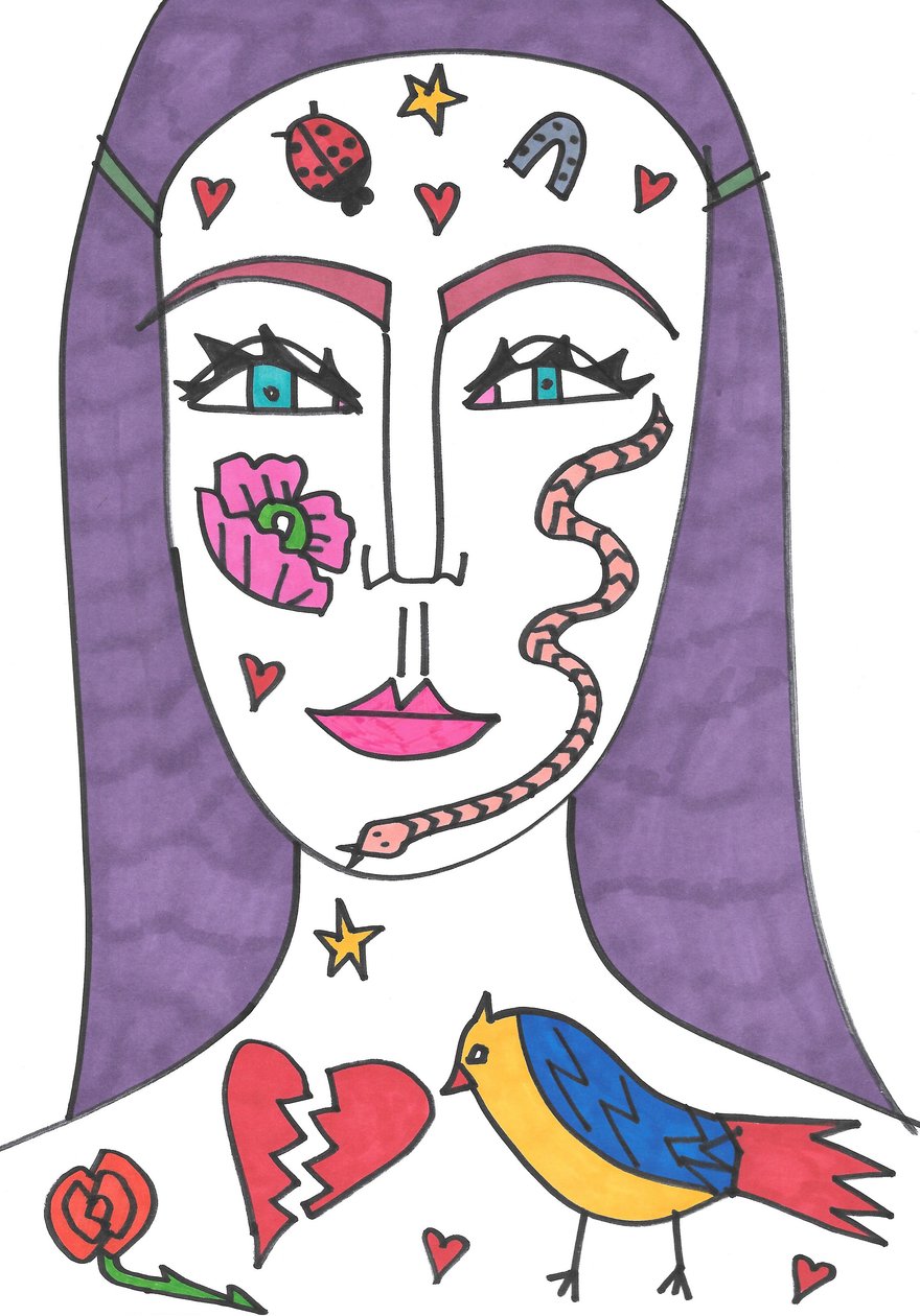 Volto tatuato (punta di feltro su carta) da Daisy de Villeneuve