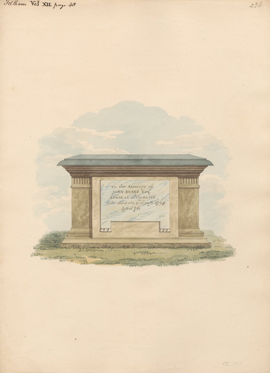 Tomba di John Evans dalla chiesa di Feltham da Daniel Lysons