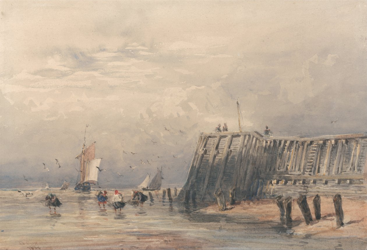 Barche a vela e pescatori di gamberetti al largo di un molo da David Cox