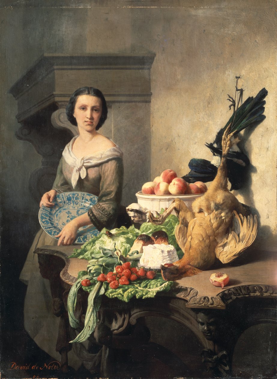 Ragazza di servizio in piedi accanto a un tavolo coperto di cibo, 1859 da David Emil Joseph de Noter