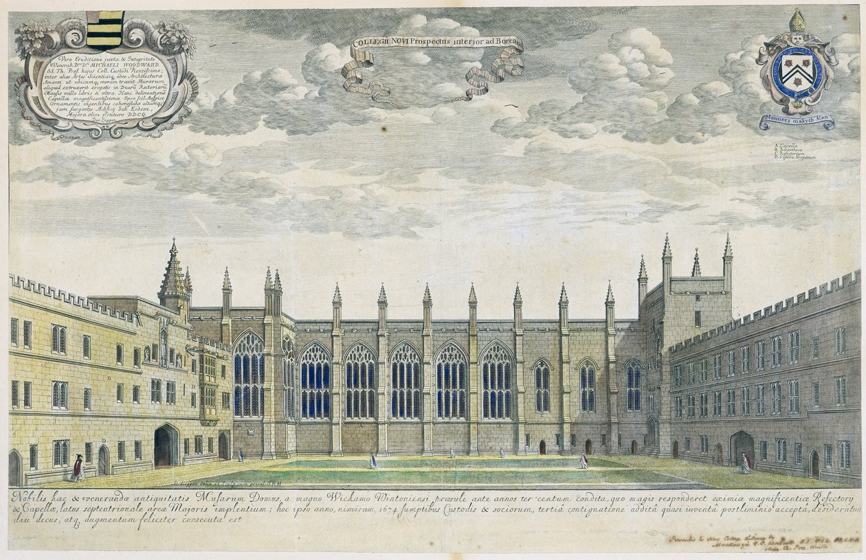 Collegium Novum: vista elevata del New College Front Quad da sud, 1675 (incisione con colorazione a mano successiva) da David Loggan