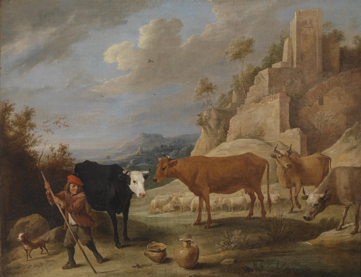 Un pastore con il suo gregge in un paesaggio con rovine da David Teniers the Younger