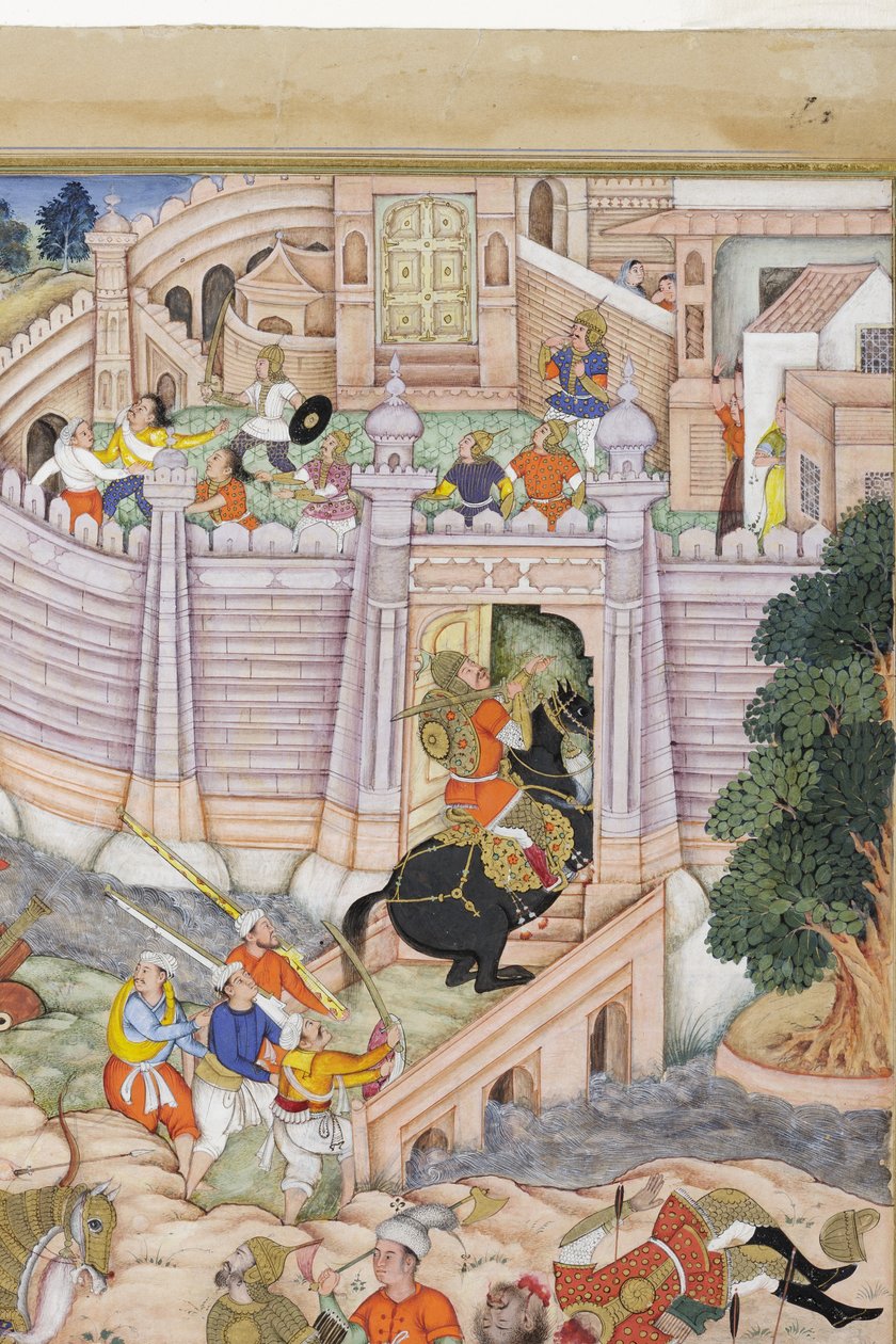 (dettaglio) Le truppe di Babur prendono la fortezza di Kabul, c.1590-1600 da Dhannu, and Dharmdas Farrukh