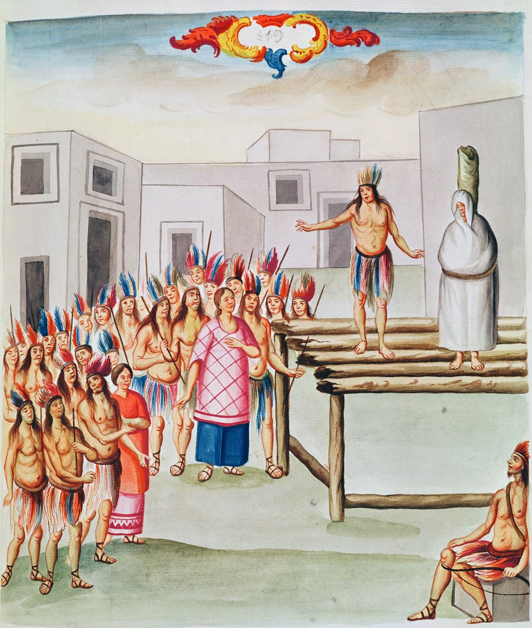 Tome 4 fol.19, Vista della Plaza de Thalco con un indiano legato a un palo, da 