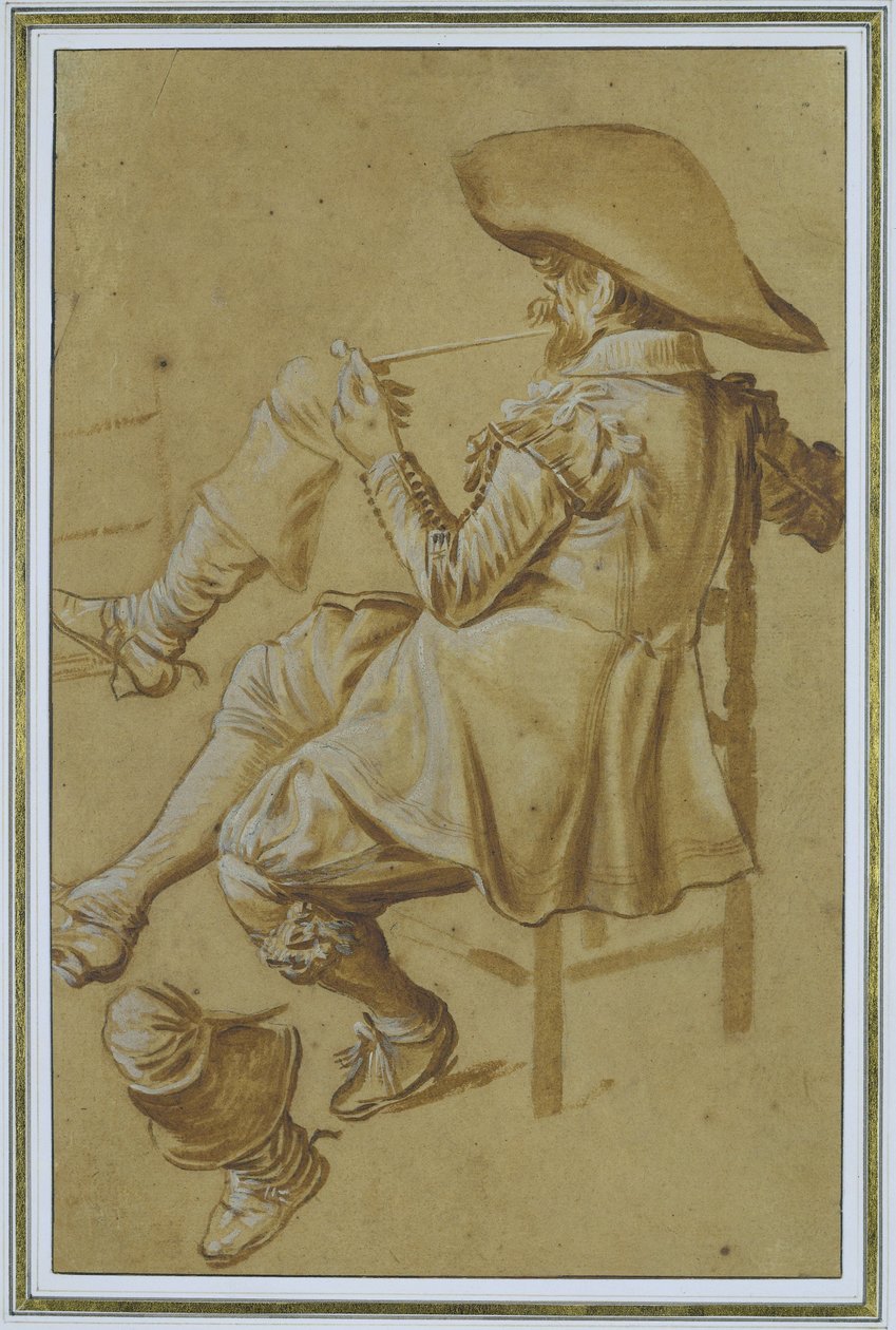 Fumatore di pipa seduto e due gambe da Dirck Hals