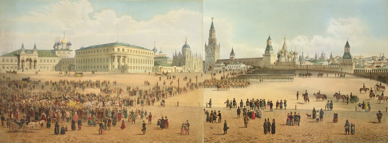 Il Palazzo Nikolaievsky e la Cattedrale di San Basilio visti dal Cremlino, da un panorama di Mosca, inciso da Philippe Benoist e Aubrun, pub. da Lemercier, c.1840 da Dmitri Indieitzeff