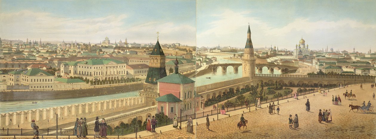 Vista lungo il fiume dal Cremlino inclusa la Chiesa del Salvatore, da un panorama di Mosca, inciso da Philippe Benoist e Aubrun, pub. da Lemercier, c.1840 da Dmitri Indieitzeff