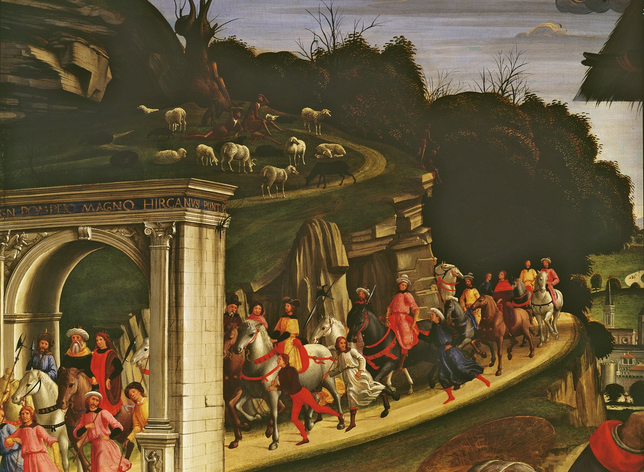 Adorazione dei pastori, dettaglio che mostra la processione dei Magi, 1485 (dettaglio) da Domenico Ghirlandaio