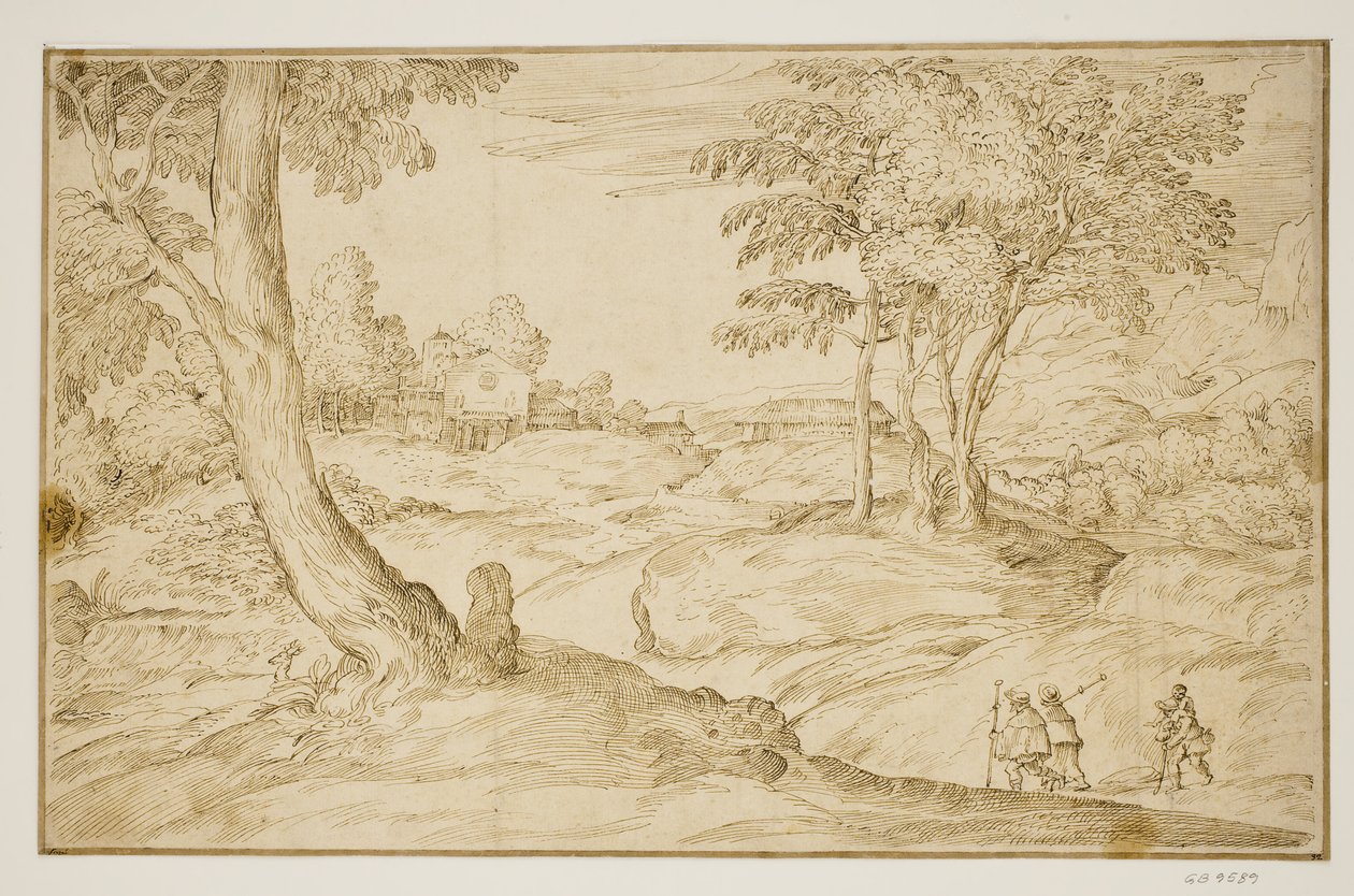 Paesaggio con pellegrini che si avvicinano a una chiesa da Domenico Campagnola