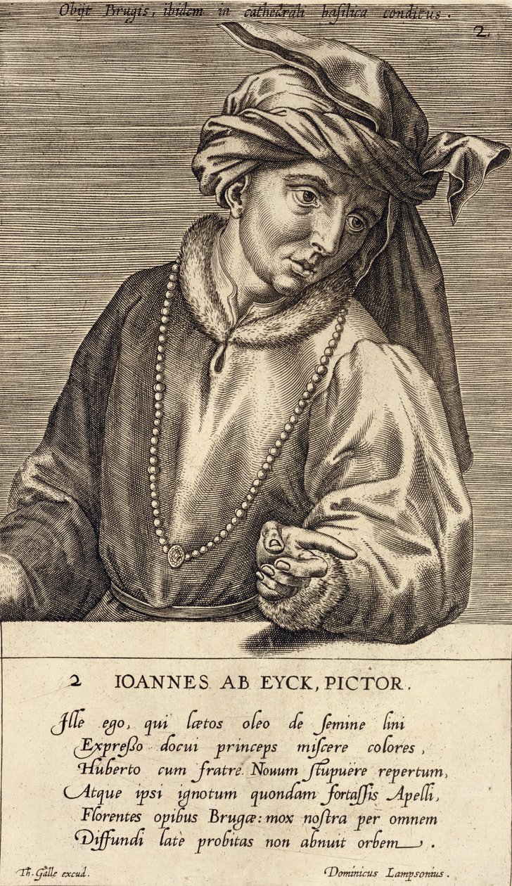 Ritratto di Jan van Eyck (c.1390-1441) tavola 2 in una serie di ritratti di artisti, inciso da Theodor Galle (1571-1633) da Dominicus Lampsonius