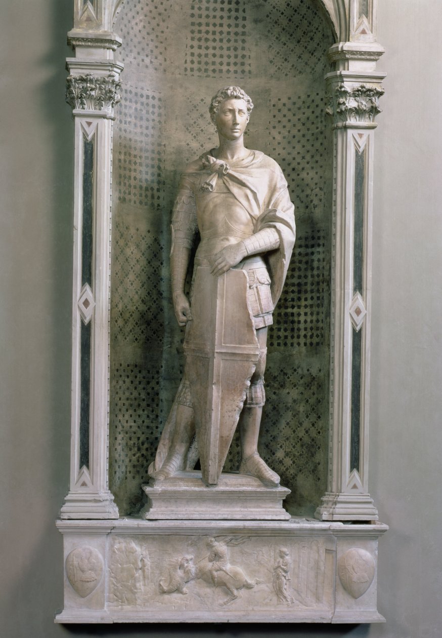 San Giorgio in una nicchia con rilievo di San Giorgio che uccide il drago sotto (marmo) (post-restauro) da Donatello