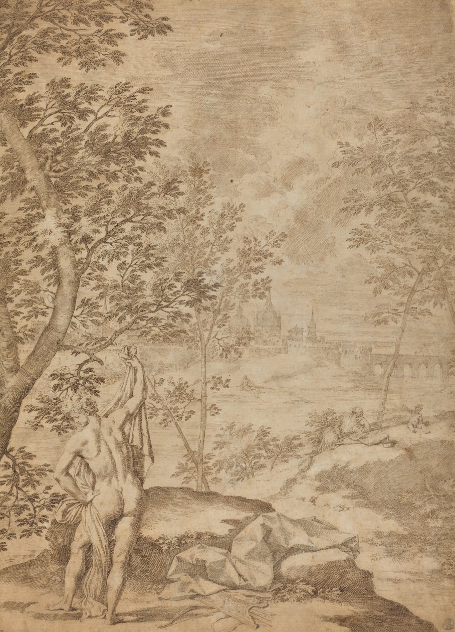 Apollo in piedi in un paesaggio fluviale da Donato Creti