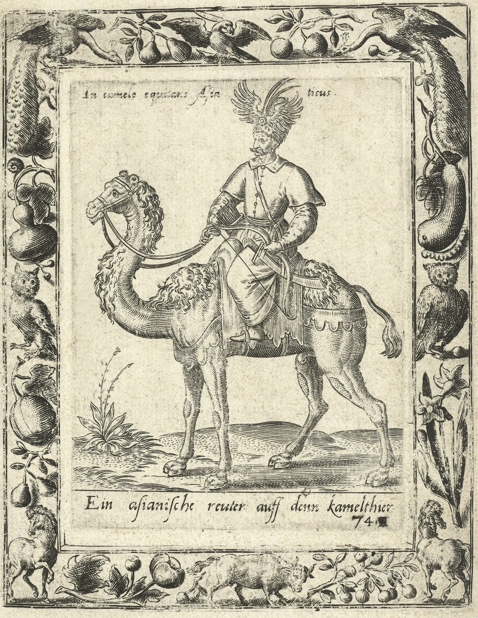 Cacciatore arabo a cavallo di un cammello, pub. 1577 da Dutch School