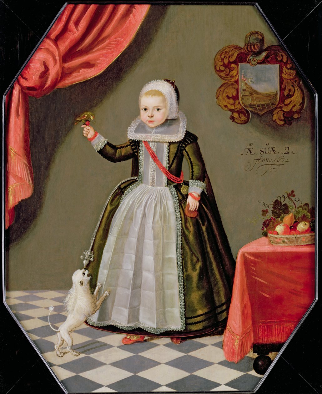 Ritratto di una giovane ragazza con un uccello sul dito e un cane ai suoi piedi, 1632 da Dutch School