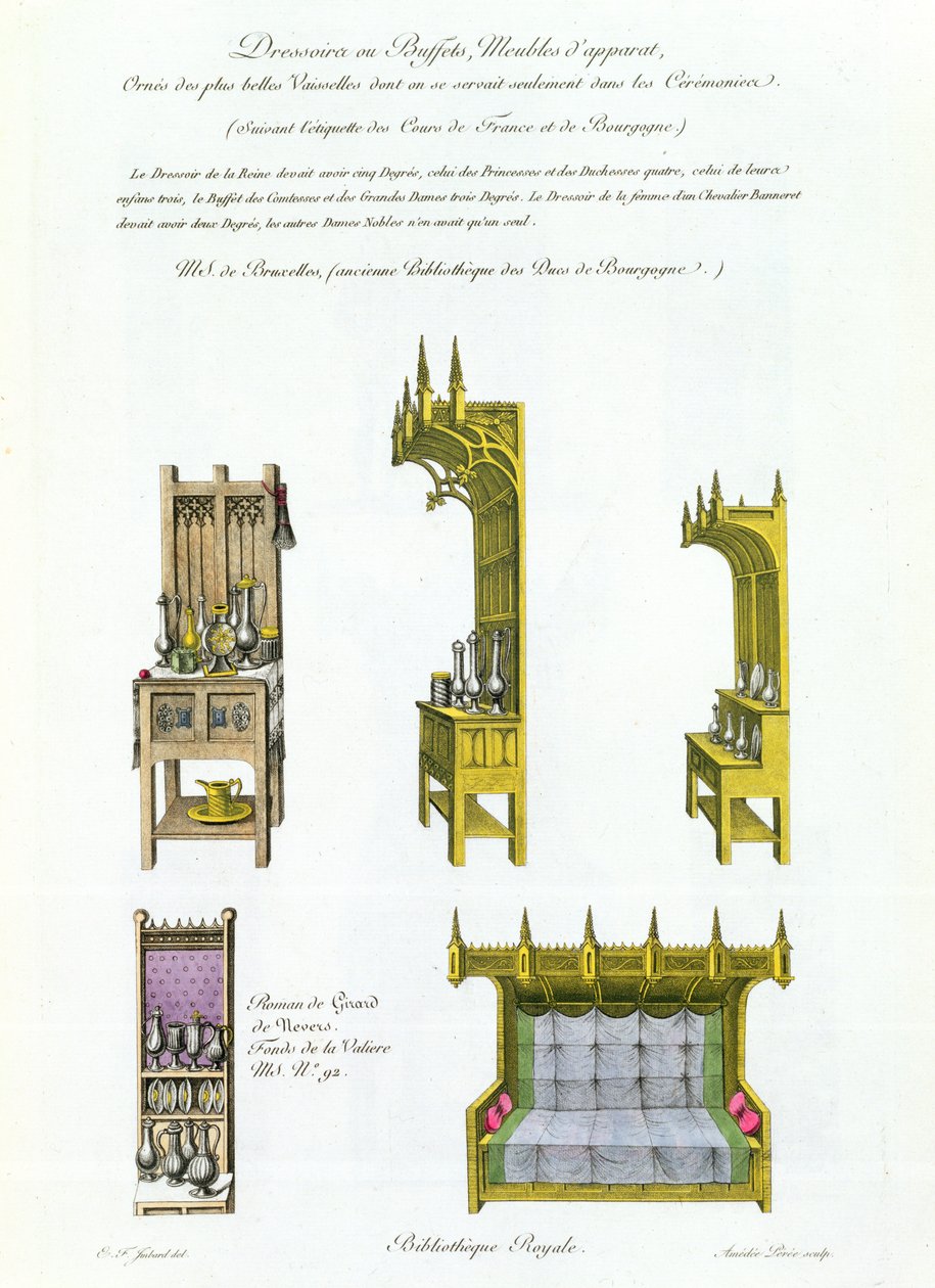 Mobili Francesi e Borgognoni del XV Secolo, da Monuments Francais, litografia di Amedee Peree, 1839 da E.F. Imbard