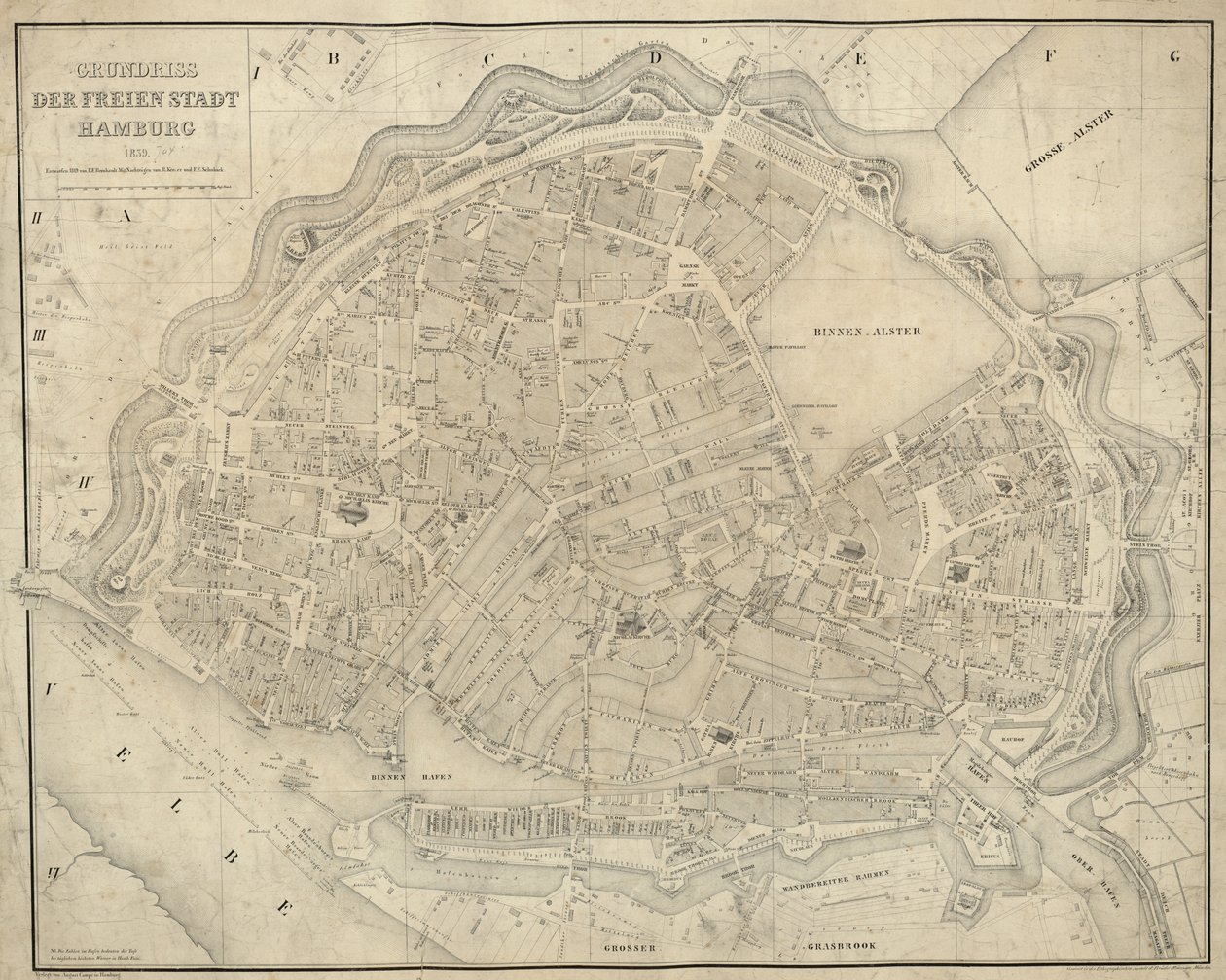 La mappa è stata pubblicata (1839) e mostra Amburgo da E.F. m.fl. Bernhardt