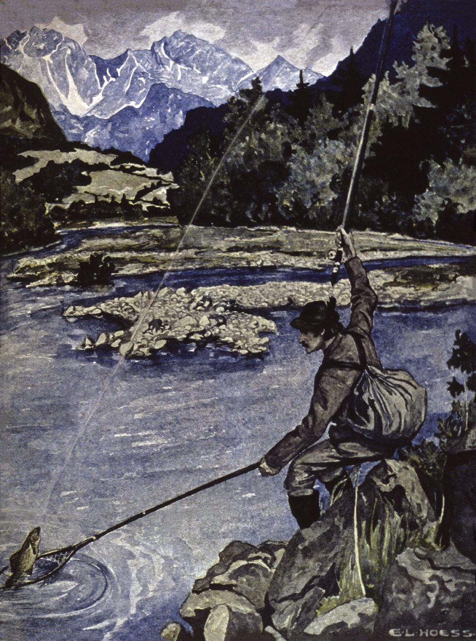 Pesca in un fiume, c.1900 da E. L. Hoess