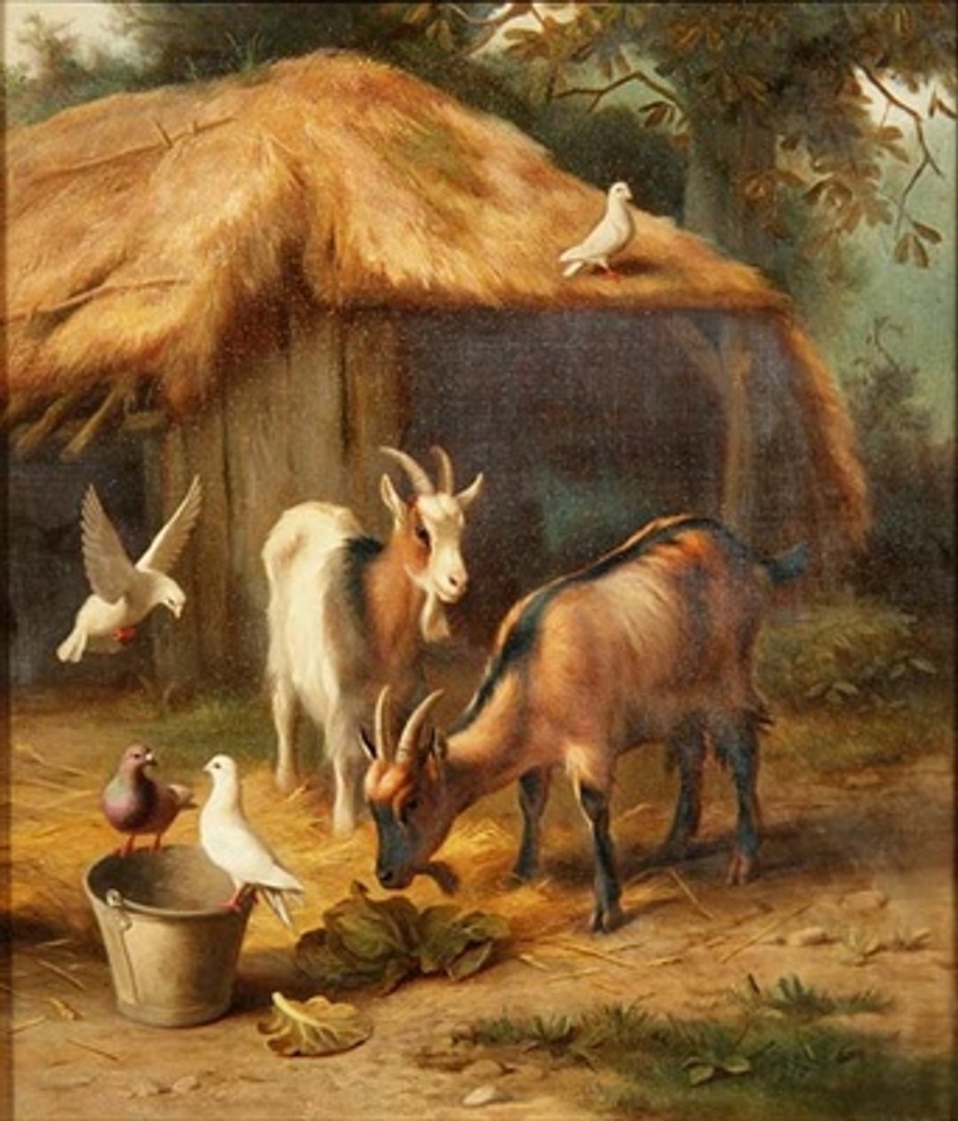 Capre e colombe in un cortile di fattoria da Edgar Hunt