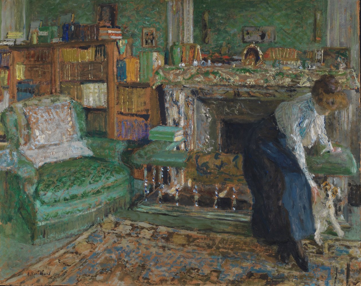 Marguerite Chapin nel suo appartamento con il suo cane, 1910 da Edouard Vuillard