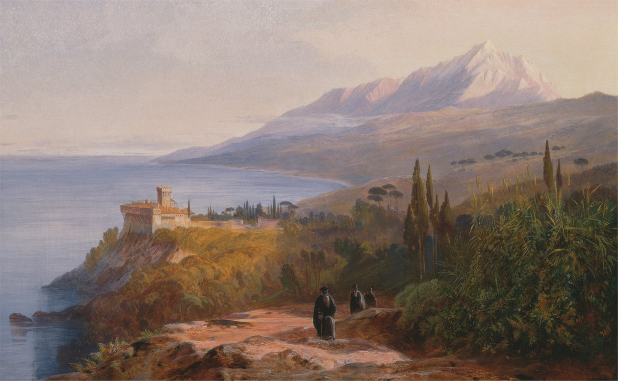 Monte Athos e il monastero di Stavronikétes da Edward Lear