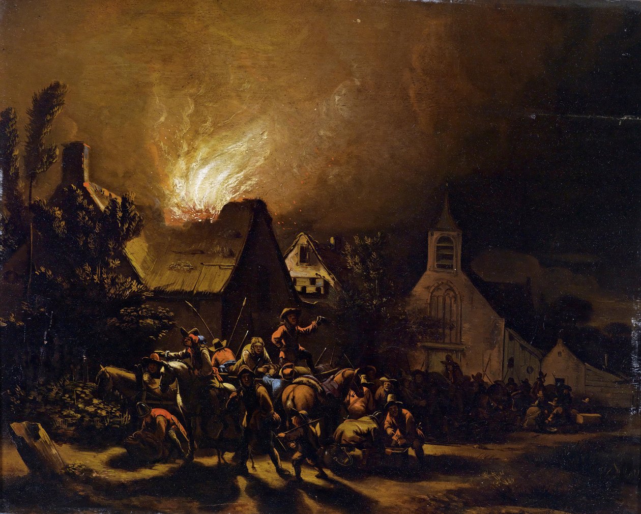 Marauderi davanti a un villaggio in fiamme da Egbert van der Poel