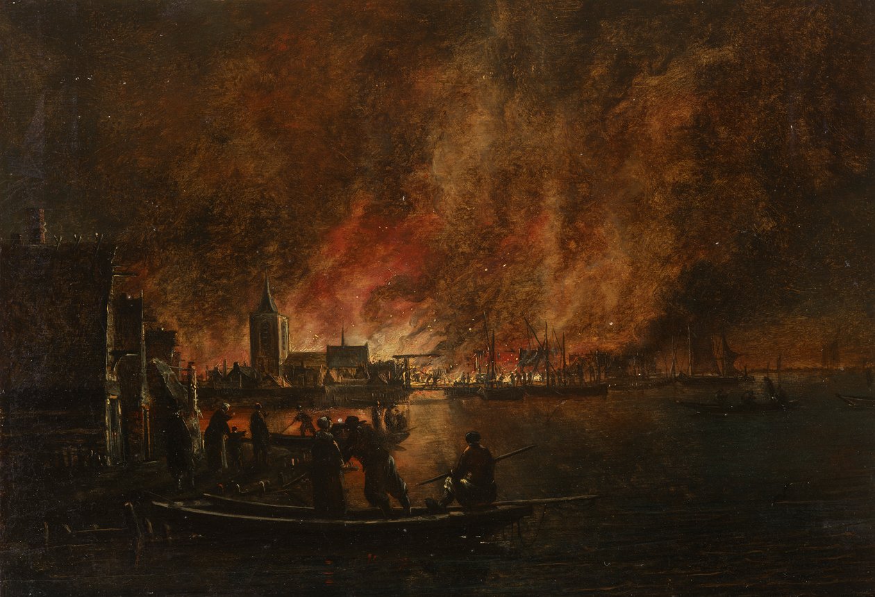 Incendio notturno su città olandese da Egbert van der Poel