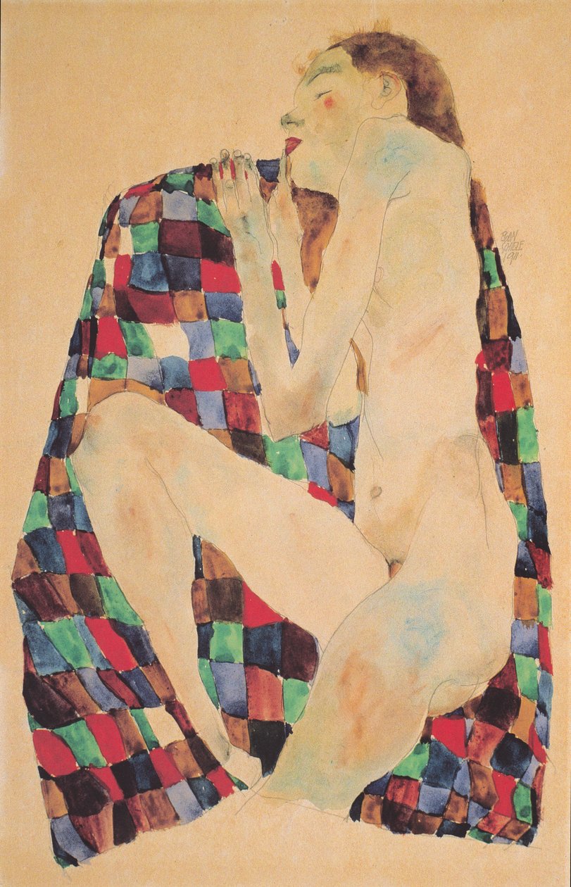 Nudo femminile su tessuto a quadri da Egon Schiele