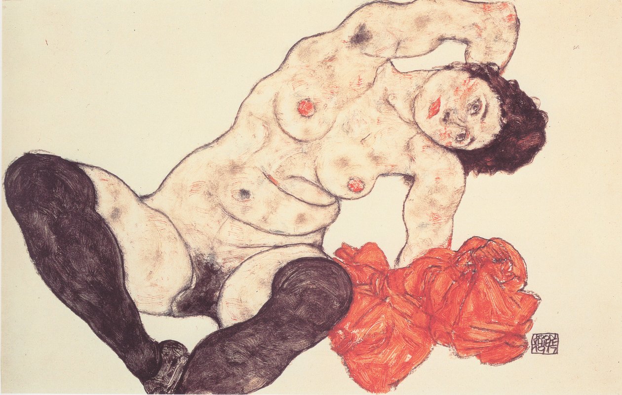 Nudo femminile con asciugamano giallo da Egon Schiele