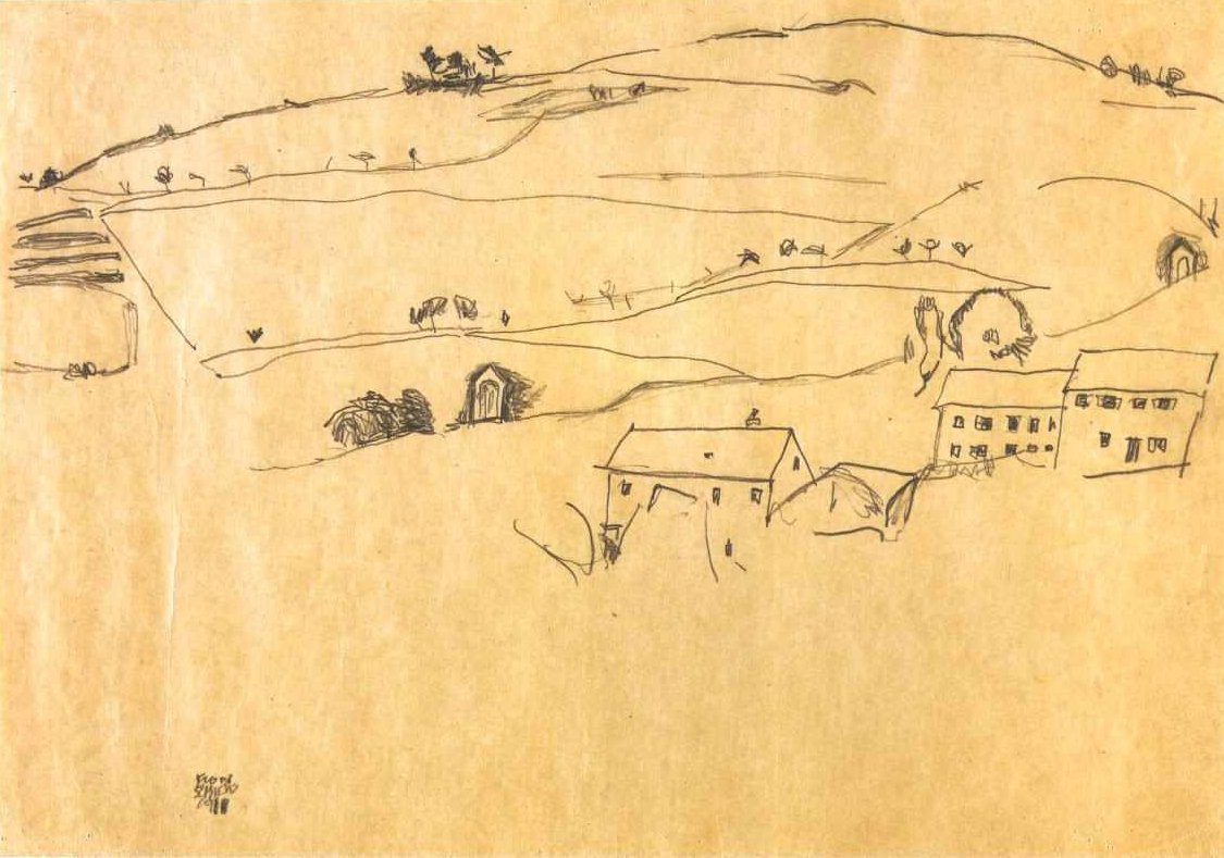 Case davanti a pendio con stazioni della Via Crucis da Egon Schiele