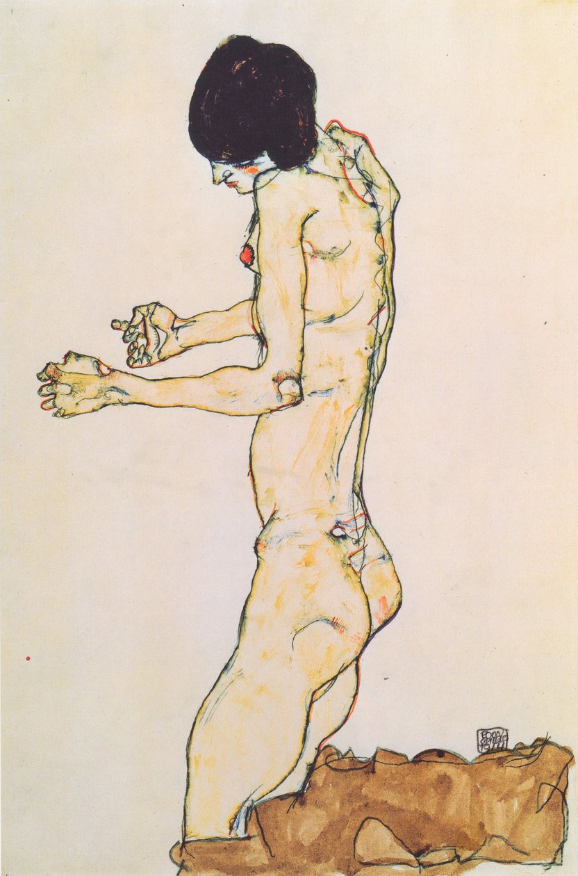 Nudo femminile inginocchiato con braccia tese da Egon Schiele