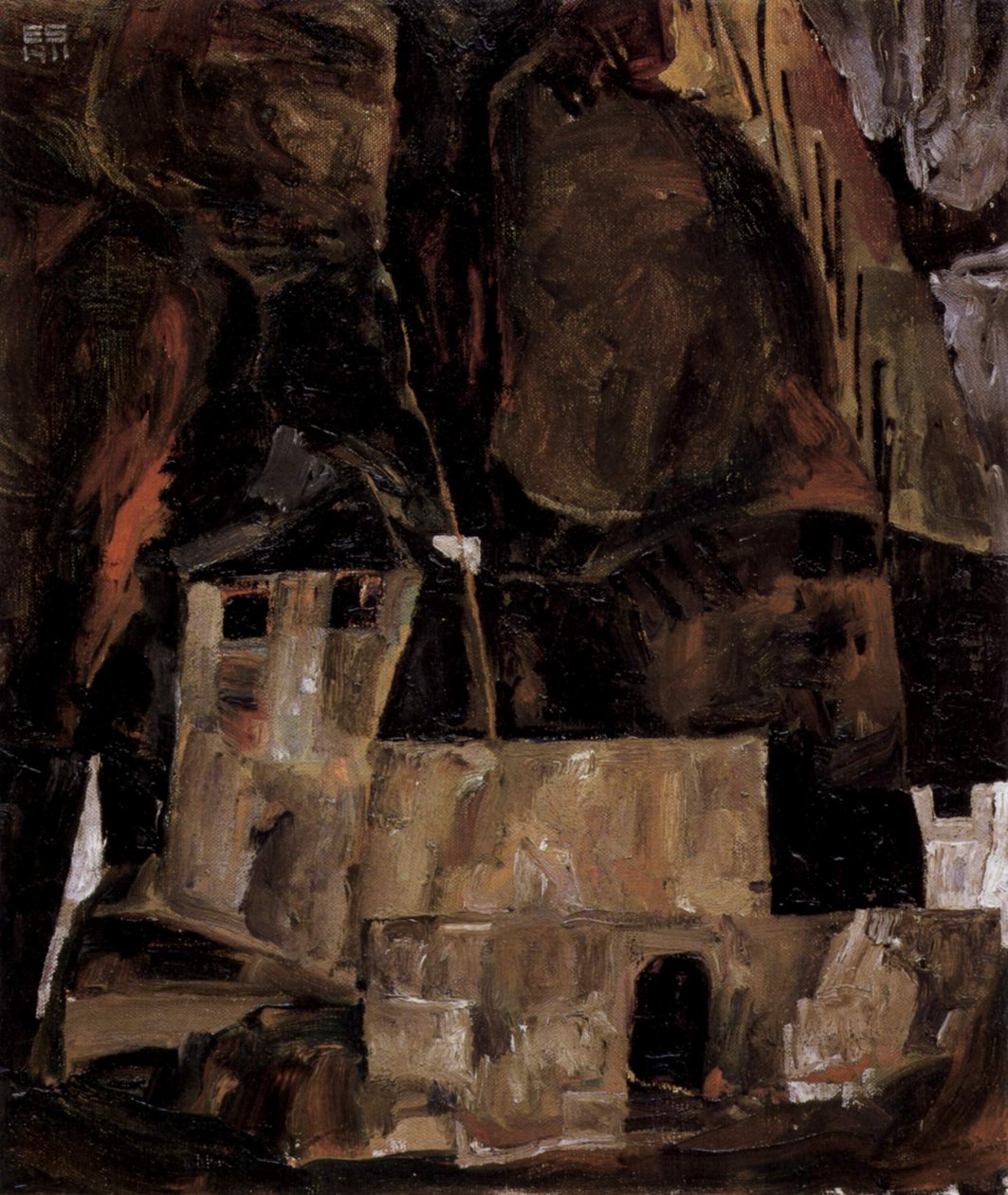 Muro e casa davanti a terreno collinare con recinto da Egon Schiele