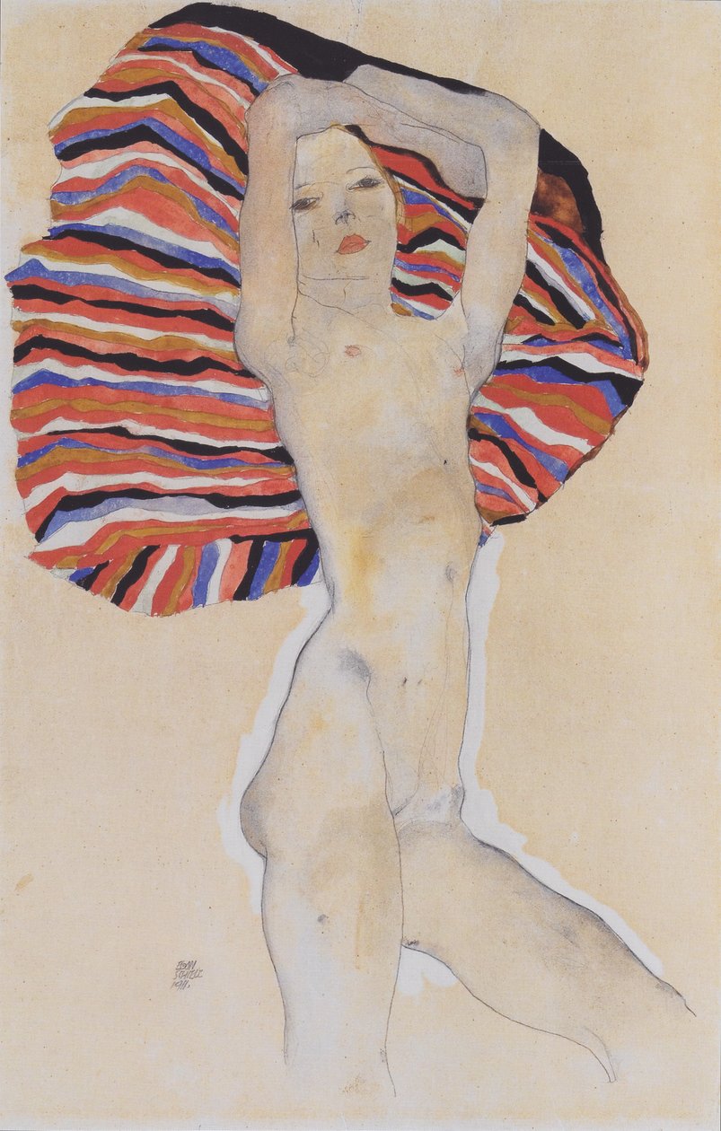 Nudo di ragazza contro un panno colorato da Egon Schiele