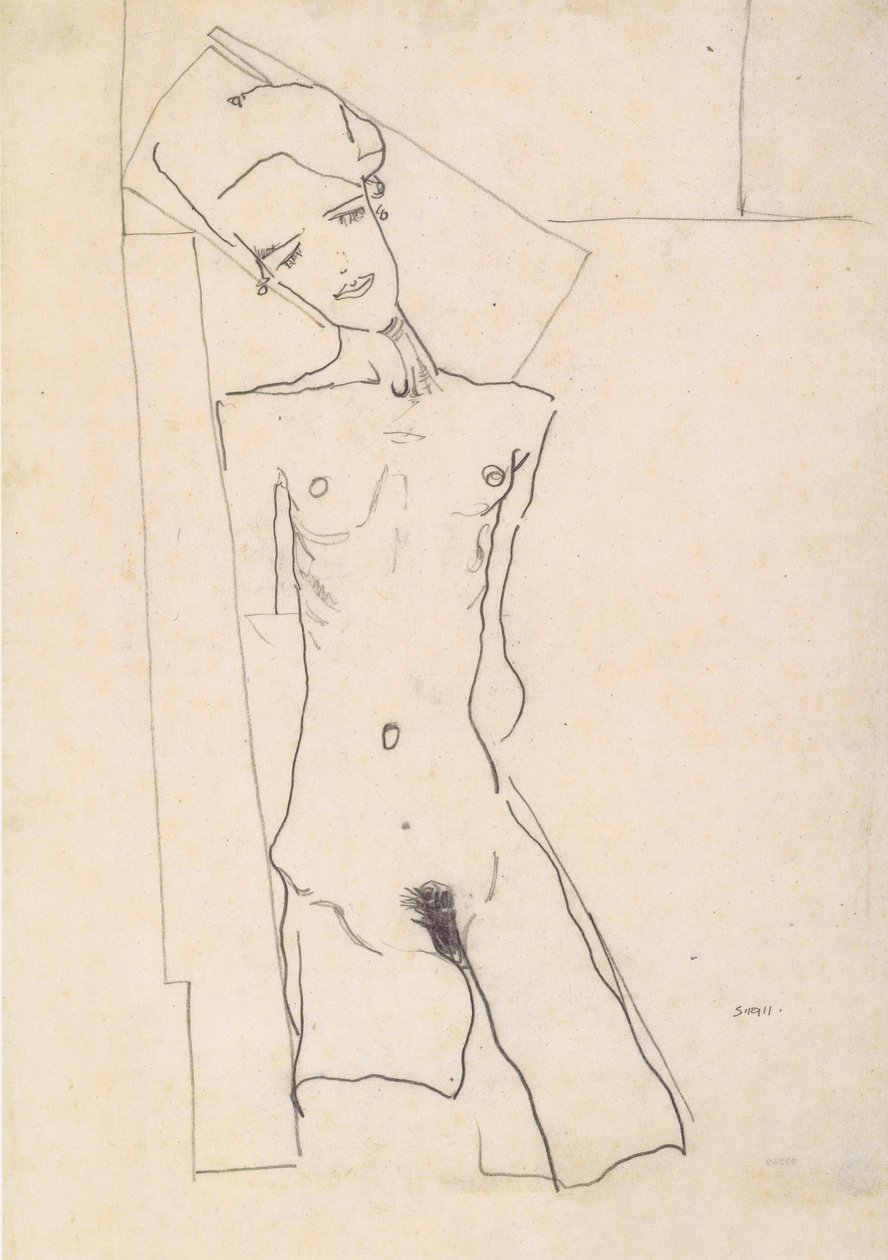 Nudo femminile in piedi davanti a forme geometriche da Egon Schiele