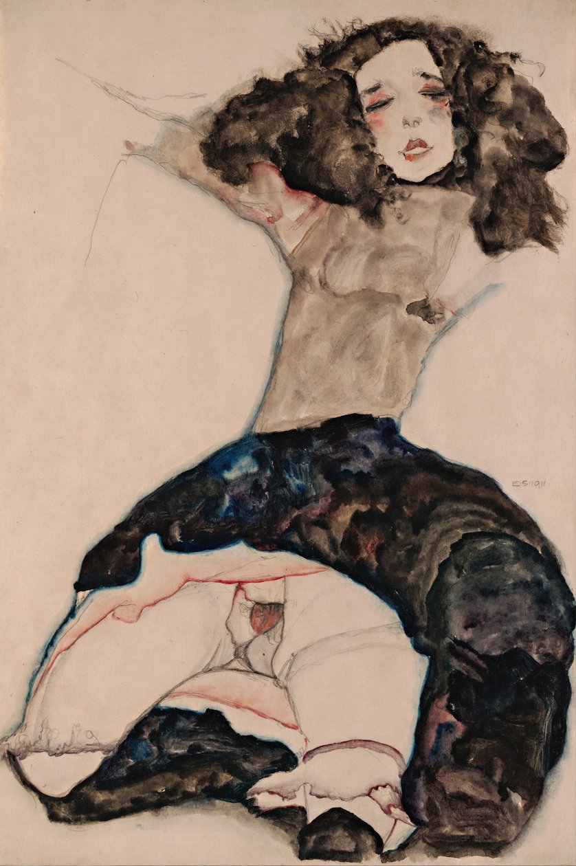 Ragazza dai capelli neri con gonna sollevata da Egon Schiele