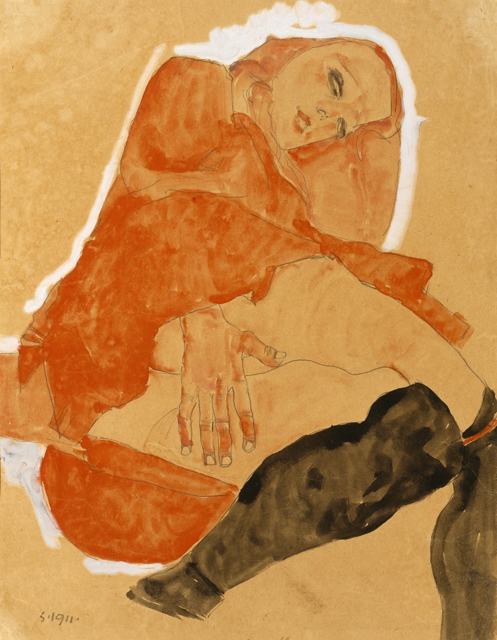 Ragazza in veste rossa e calze nere da Egon Schiele