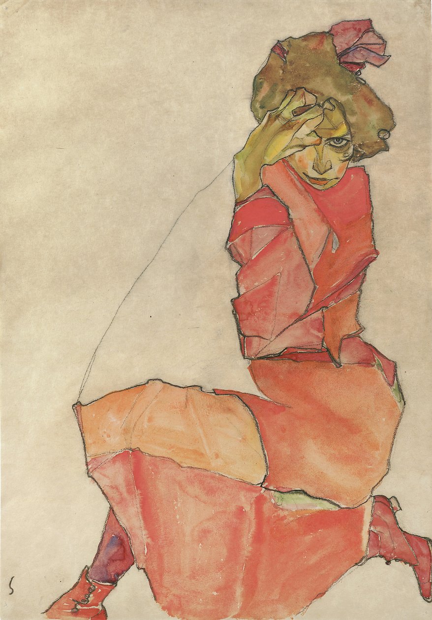 Donna inginocchiata in abito arancione-rosso, 1910 da Egon Schiele