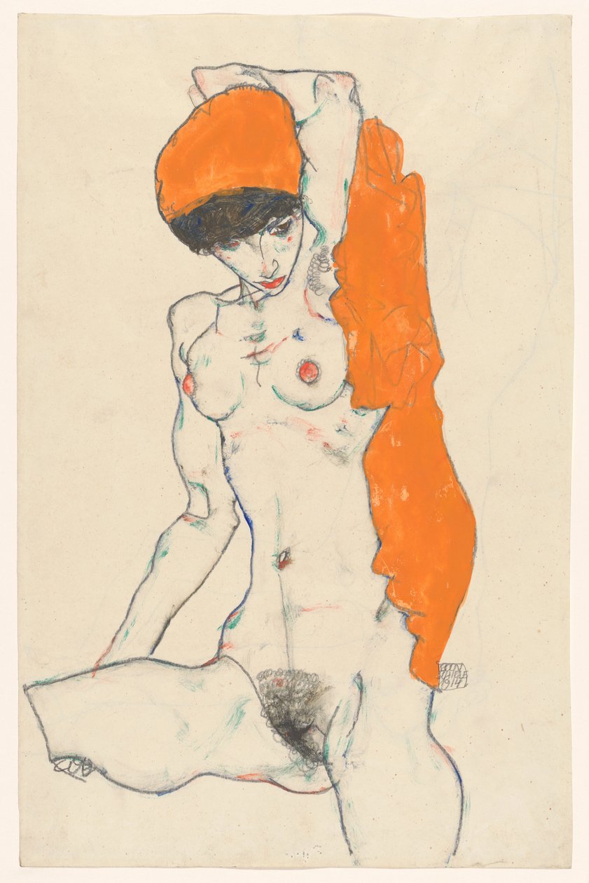 Nudo in piedi con drappo arancione da Egon Schiele