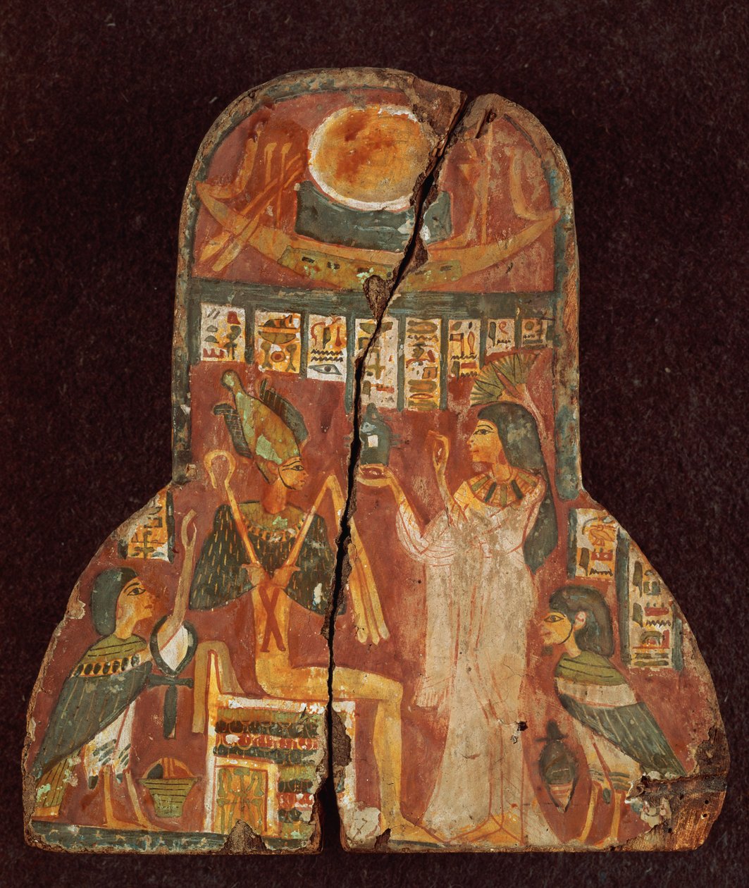 Coperchio del sarcofago della cantante, Toarnemiherti, che mostra il defunto che offre incenso a Osiride in trono, Terzo Periodo Intermedio da Egyptian 21st Dynasty