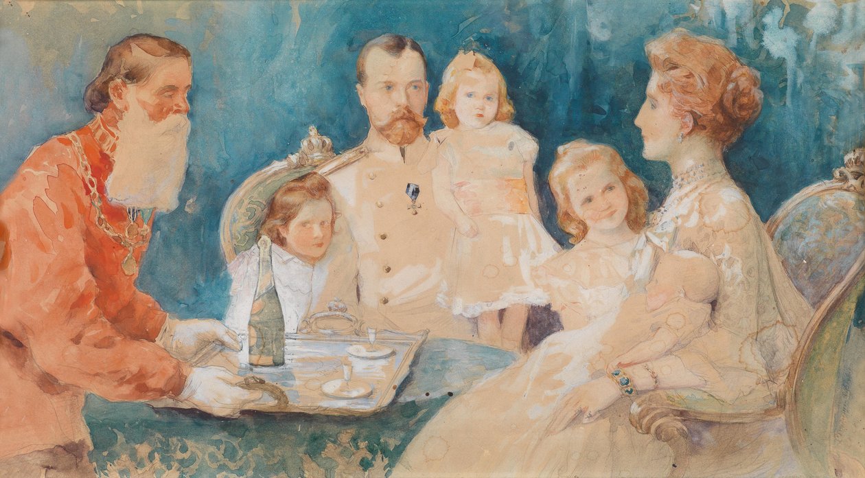 Zar Nicola II e Zarina Alessandra Fëdorovna con le loro figlie Olga, Tatiana, Maria e Anastasia (da bambina) da Elena  Samokich Soudkovskaïa