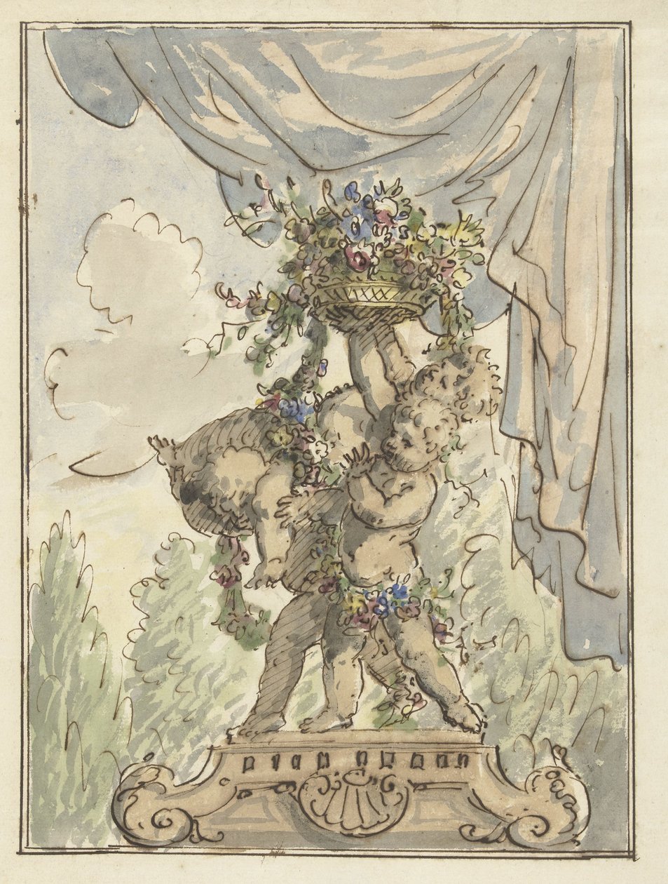 Tre putti con un cesto di fiori da Elias van Nijmegen