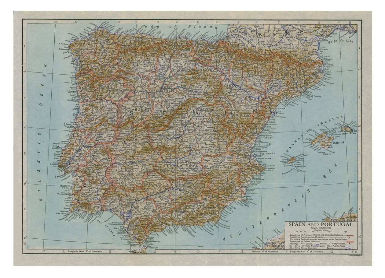 Mappa di Spagna e Portogallo, c1910 da Emery Walker